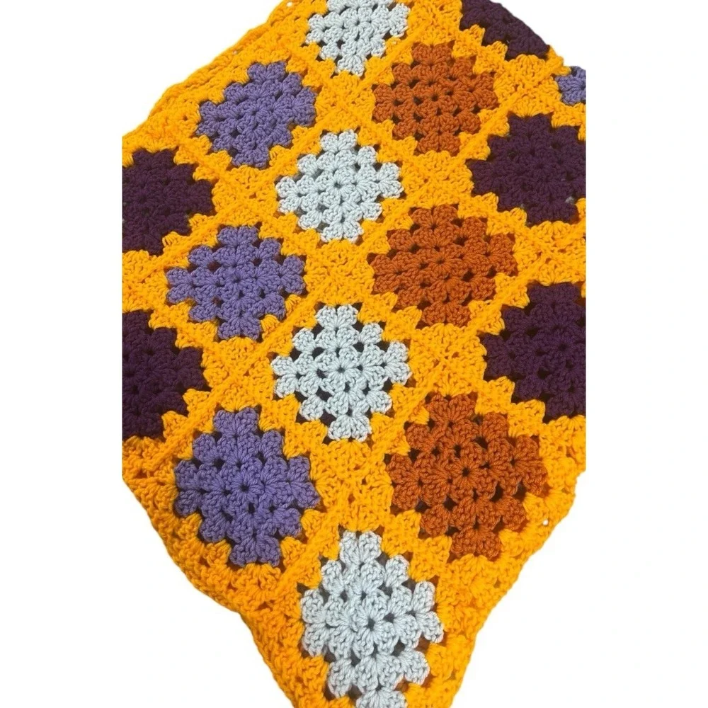 Granny Square‎ Orange Purple Gray Crochet 54x24 Handmade Throw Blanket